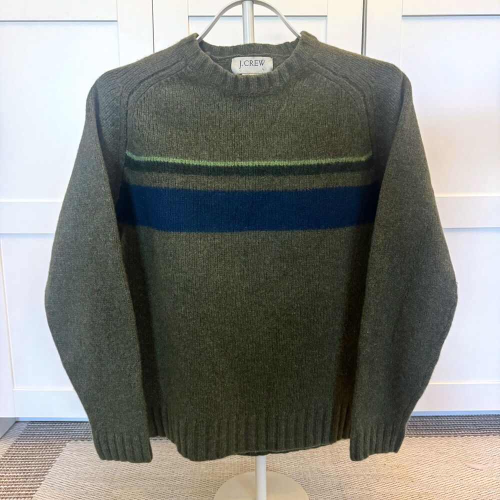 Vintage J. Crew Mens 100% Wool Sweater Olive Green Stripe Size L
